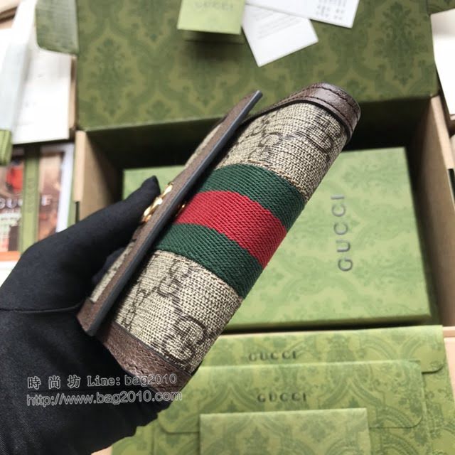 Gucci原厂皮包包 古驰男女GG印花红绿织带翻盖短款钱包 Gucci短夹零钱包 523173  gdj1733